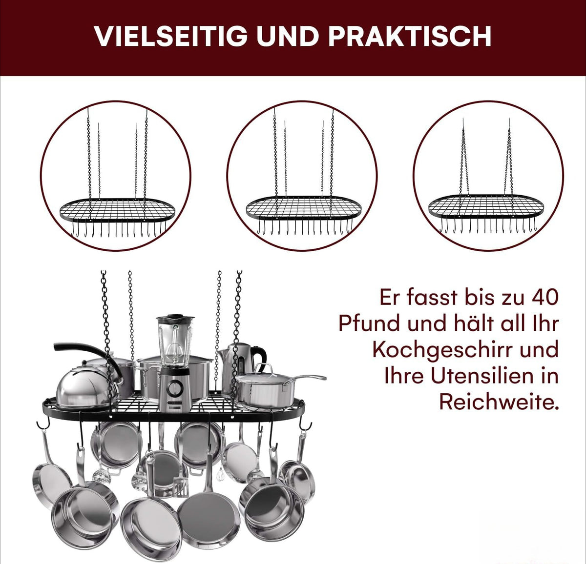 33×17" Black Ceiling Pot Rack with 15 Hooks