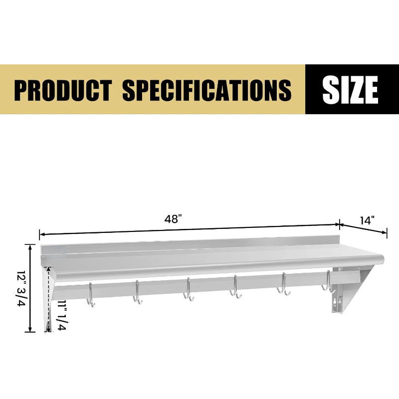 14"×48" Stainless Steel Wall Pot Rack with 6 Hooks