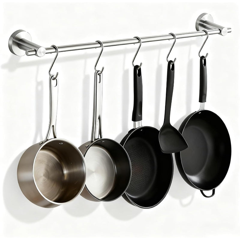 21" Brushed Nickel Wall Pot Rack with 10 S‑Hooks