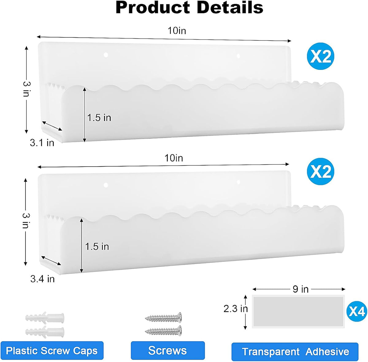 4‑Pack White 10‑Inch Wall‑Mounted Spice Rack