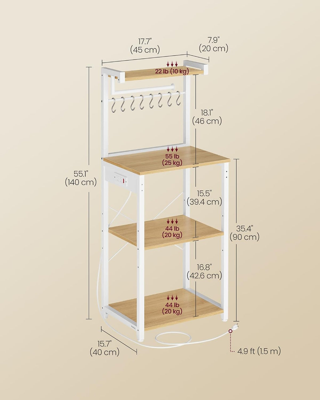4‑Tier Power Outlet Bakers Rack