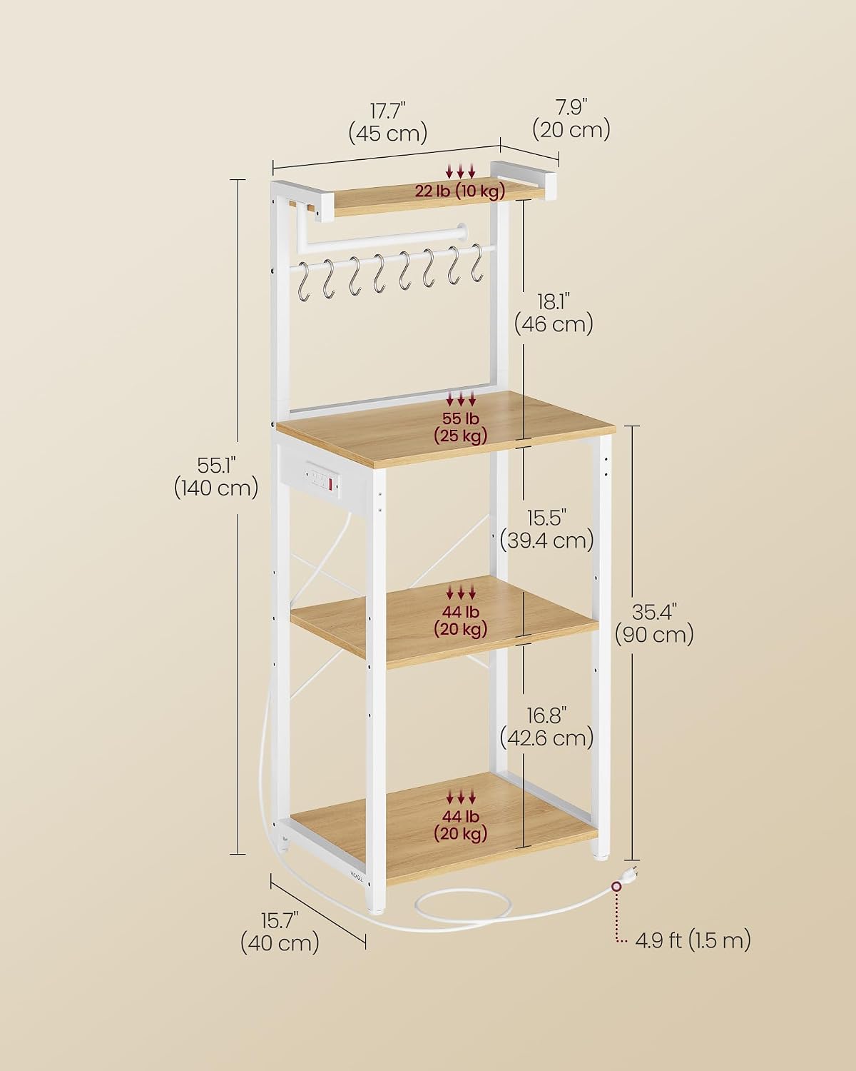 4‑Tier Power Outlet Bakers Rack