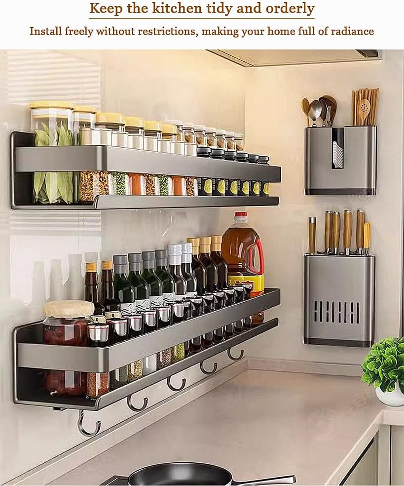 2‑Pack Wall‑Mount Carbon Steel Spice Organizer with Hooks