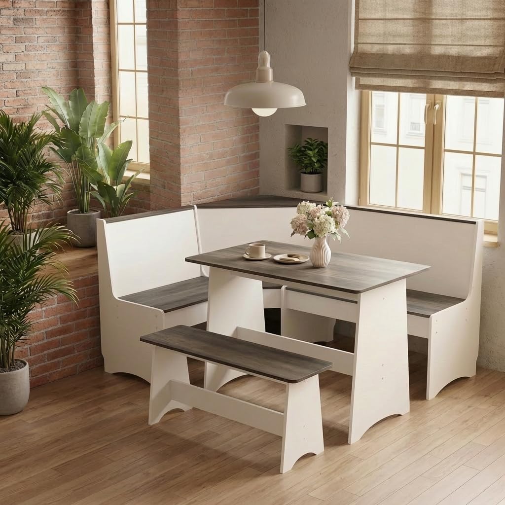 Gray‑White Farmhouse Storage Corner Breakfast Nook Set