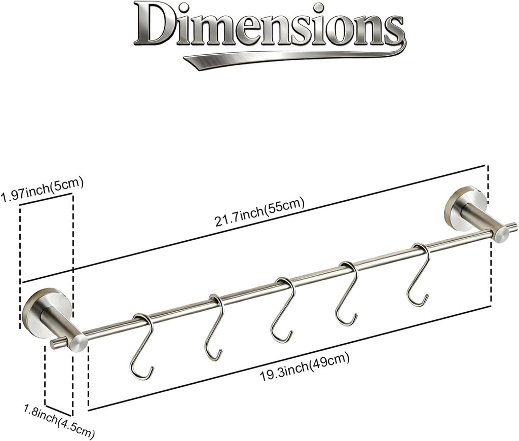 21" Brushed Nickel Wall Pot Rack with 10 S‑Hooks