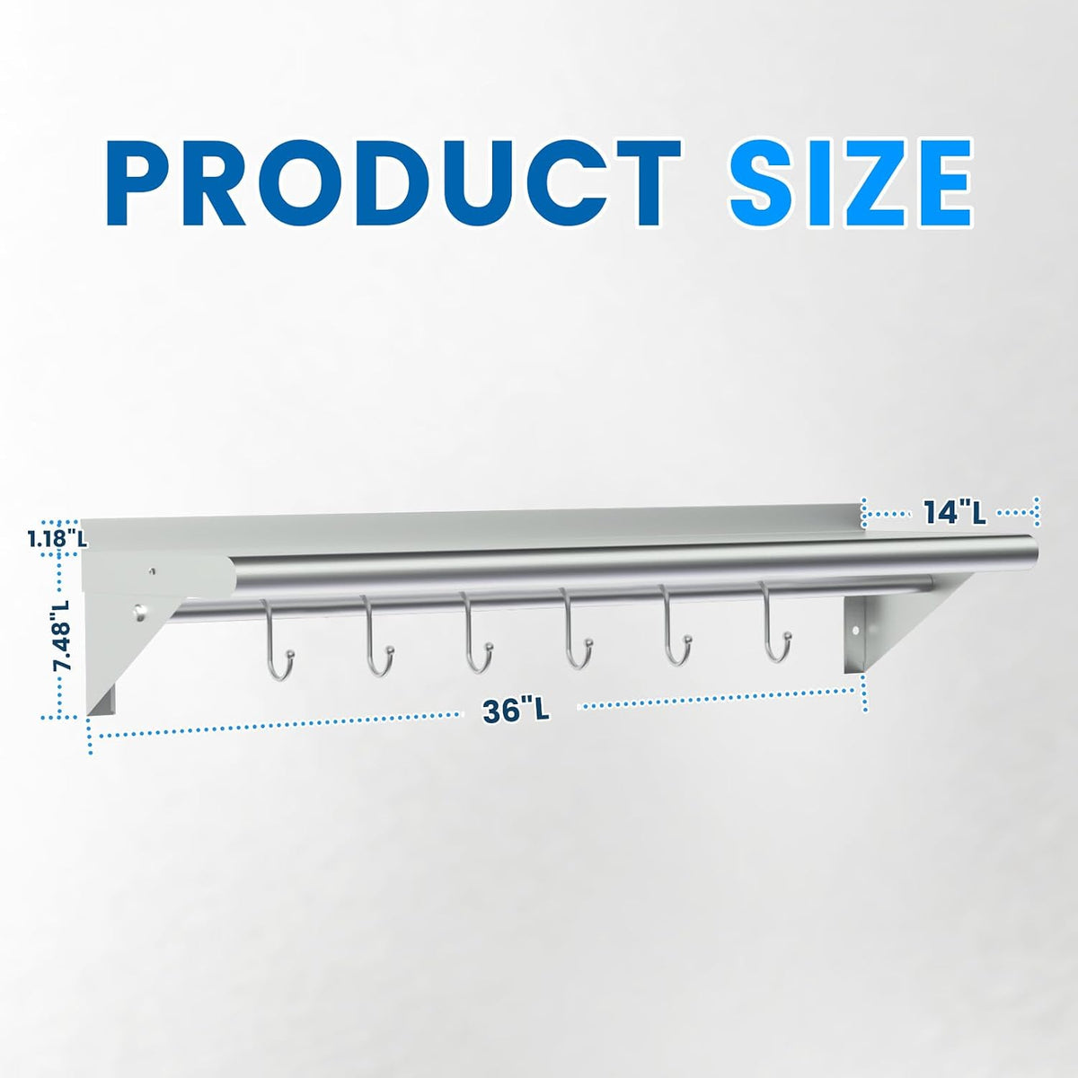 14"×36" Stainless Steel Pot Rack with 6 Hooks