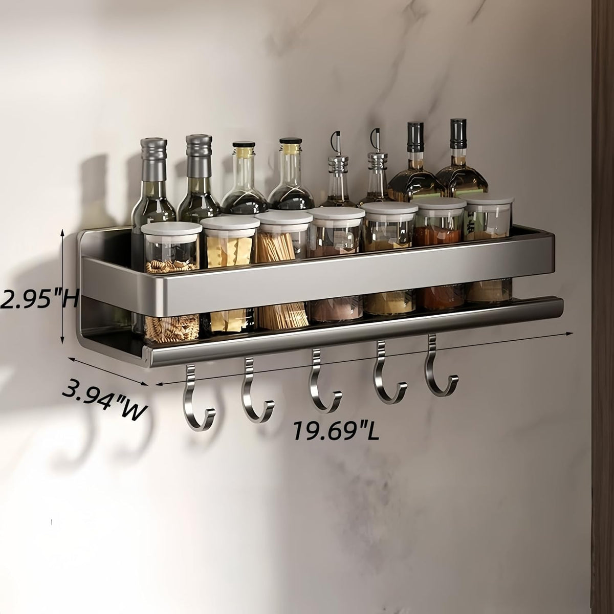 Dark‑Gray No‑Drill Carbon Steel Spice Rack with Hooks