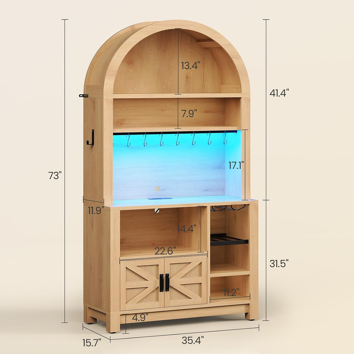 73" Natural Arched Bakers Rack with Power Outlet & LED