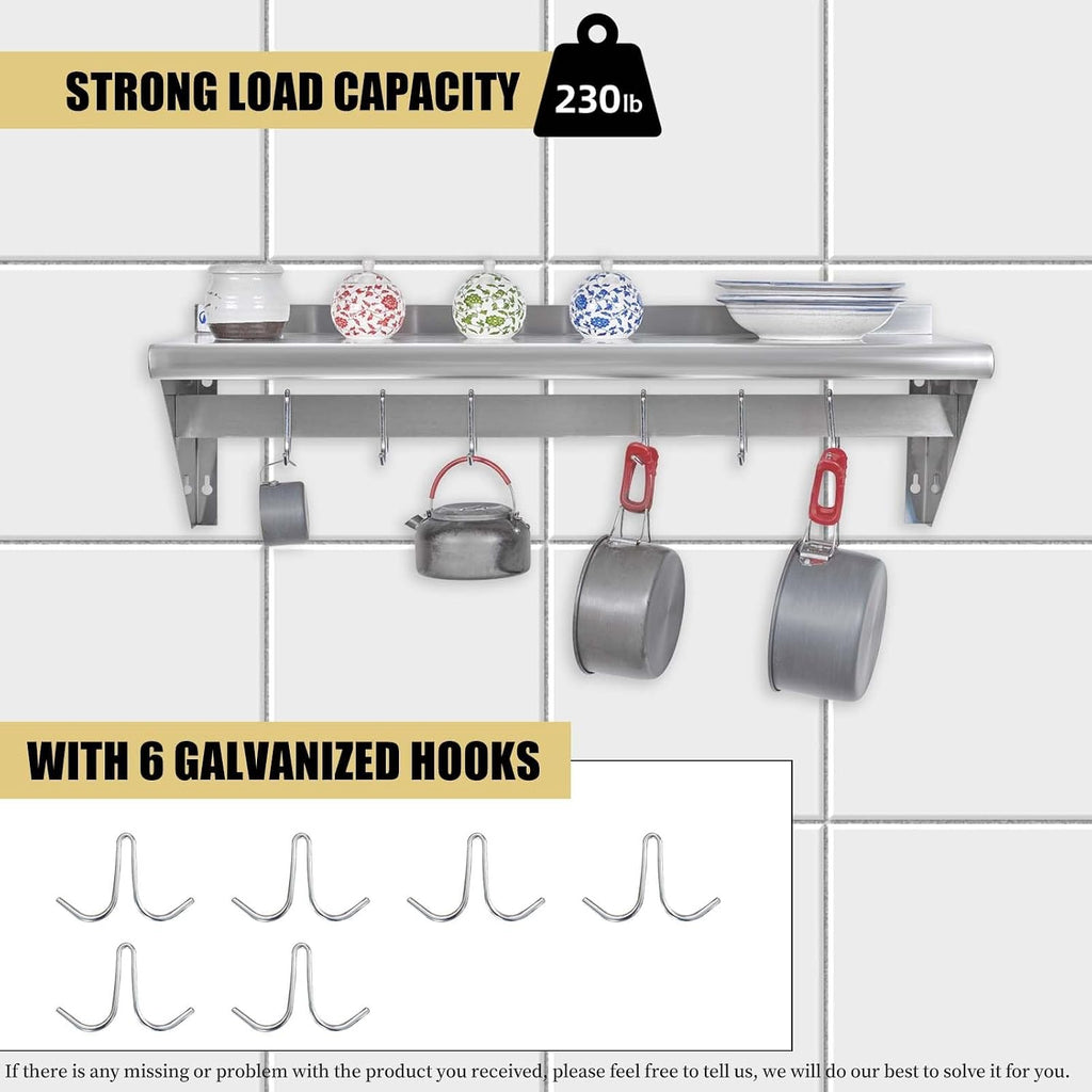12"×36" Stainless Steel Wall Pot Rack with 6 Hooks