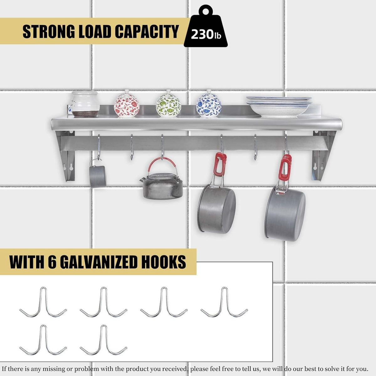 12"×36" Stainless Steel Wall Pot Rack with 6 Hooks