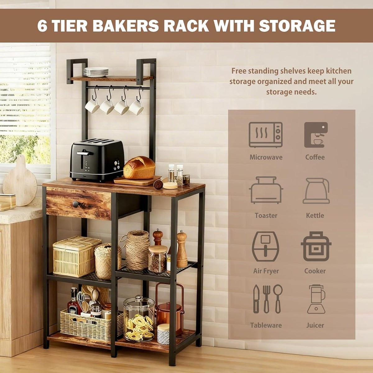 6‑Tier Bakers Rack with Drawer & Hooks