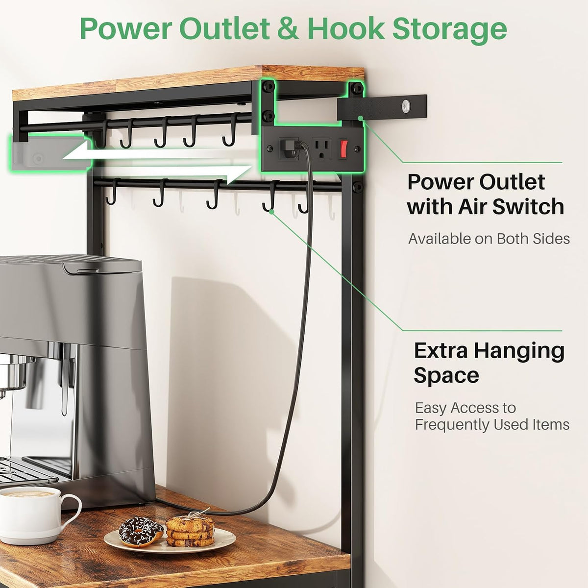 Rustic Brown Bakers Rack with Power Outlet