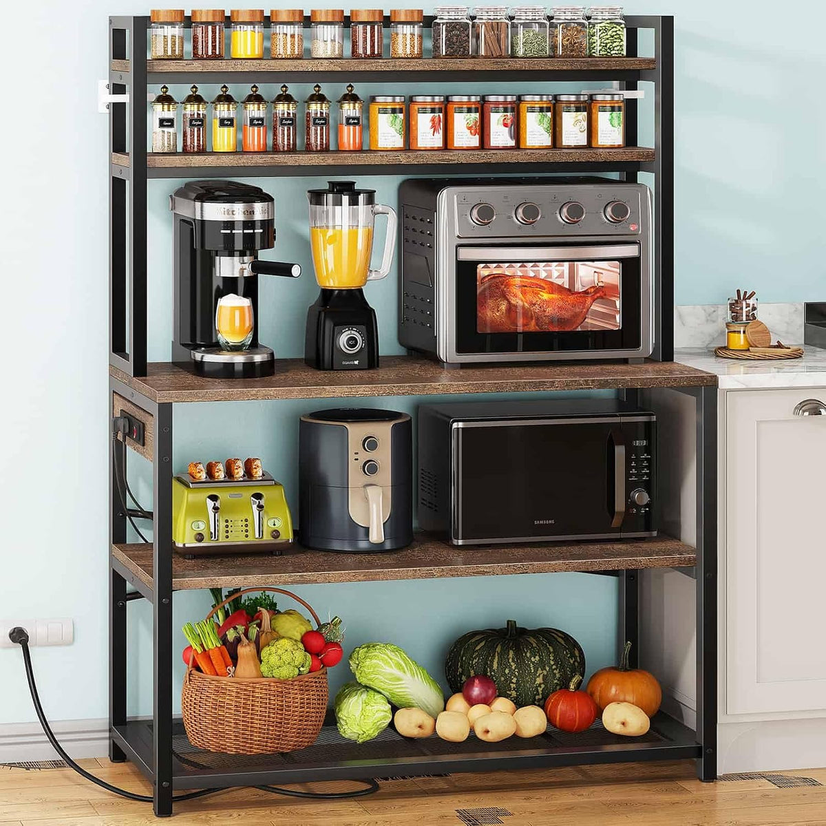 5‑Tier Rustic Brown Bakers Rack with Power Outlets