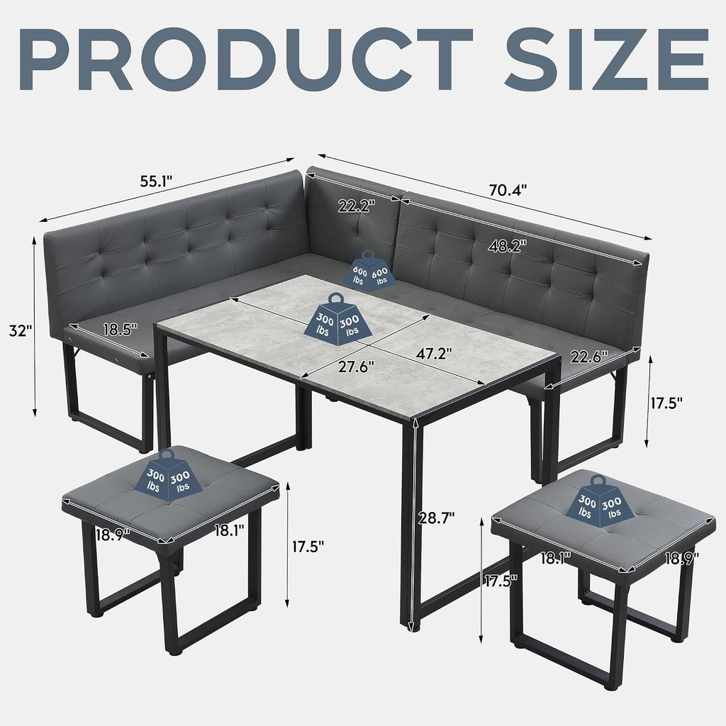 5‑Piece Grey Upholstered Corner Dining Set