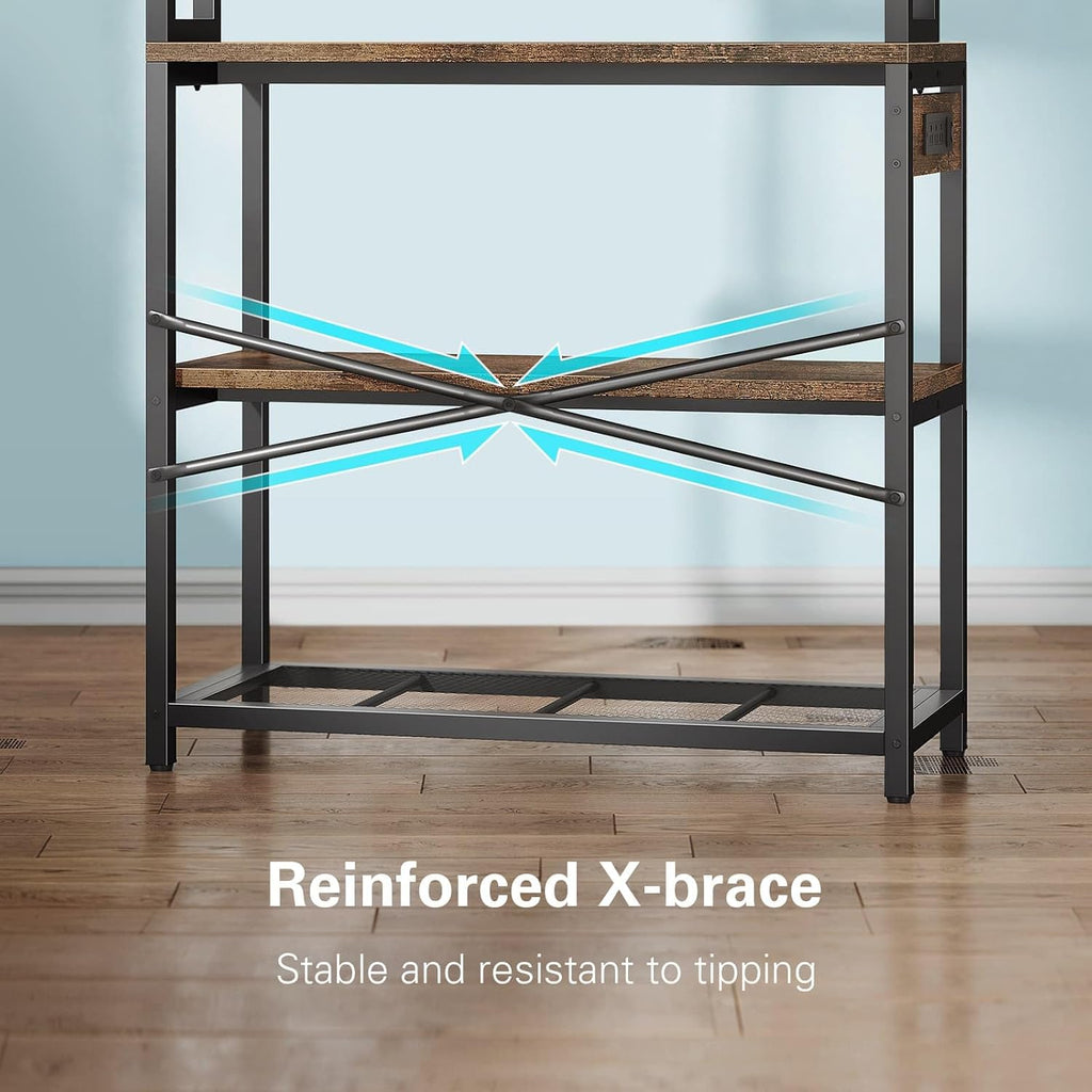 5‑Tier Rustic Brown Bakers Rack with Power Outlets