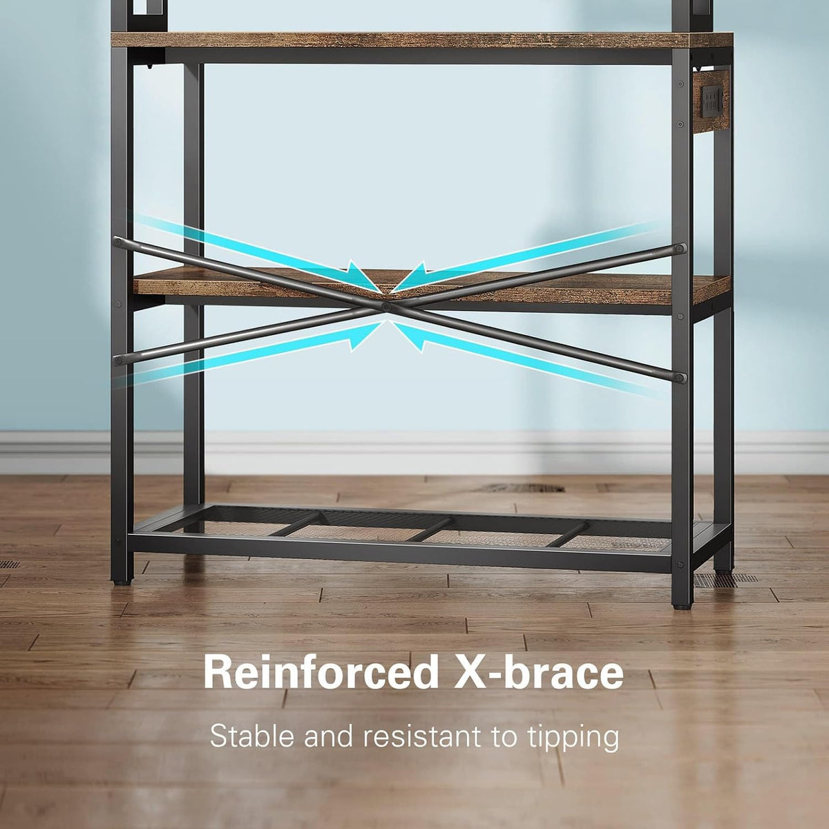 5‑Tier Rustic Brown Bakers Rack with Power Outlets