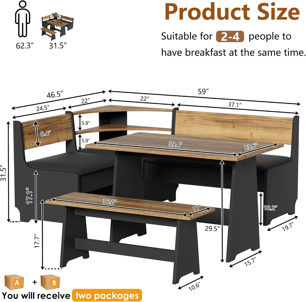 Black L‑Shape Storage Cushioned Breakfast Nook Set