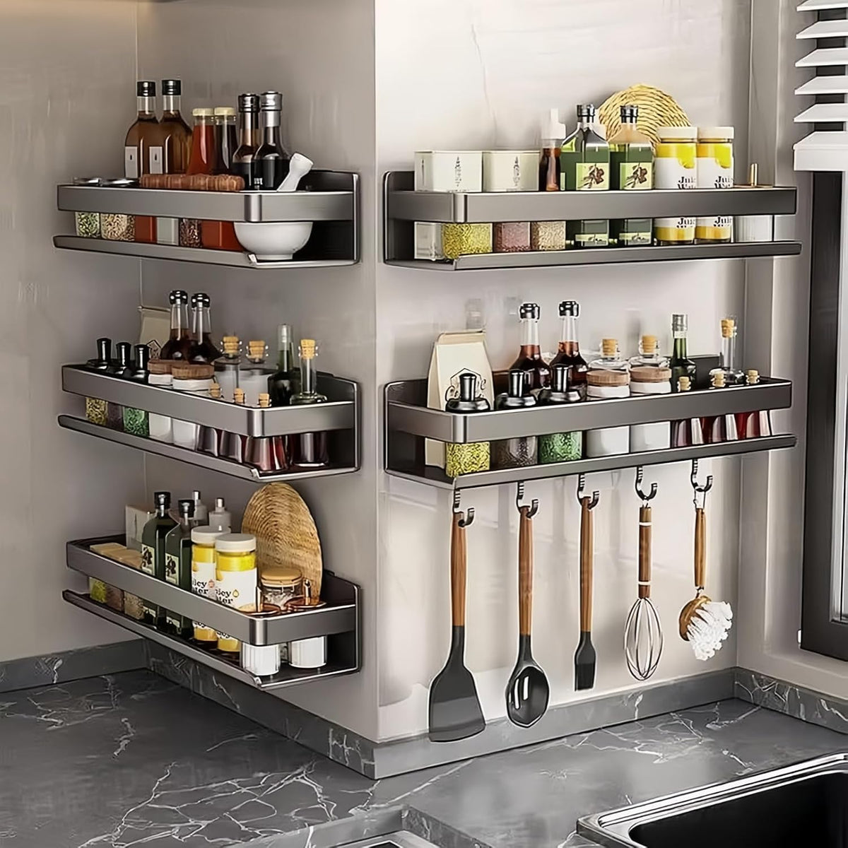 Dark‑Gray No‑Drill Carbon Steel Adhesive Spice Rack