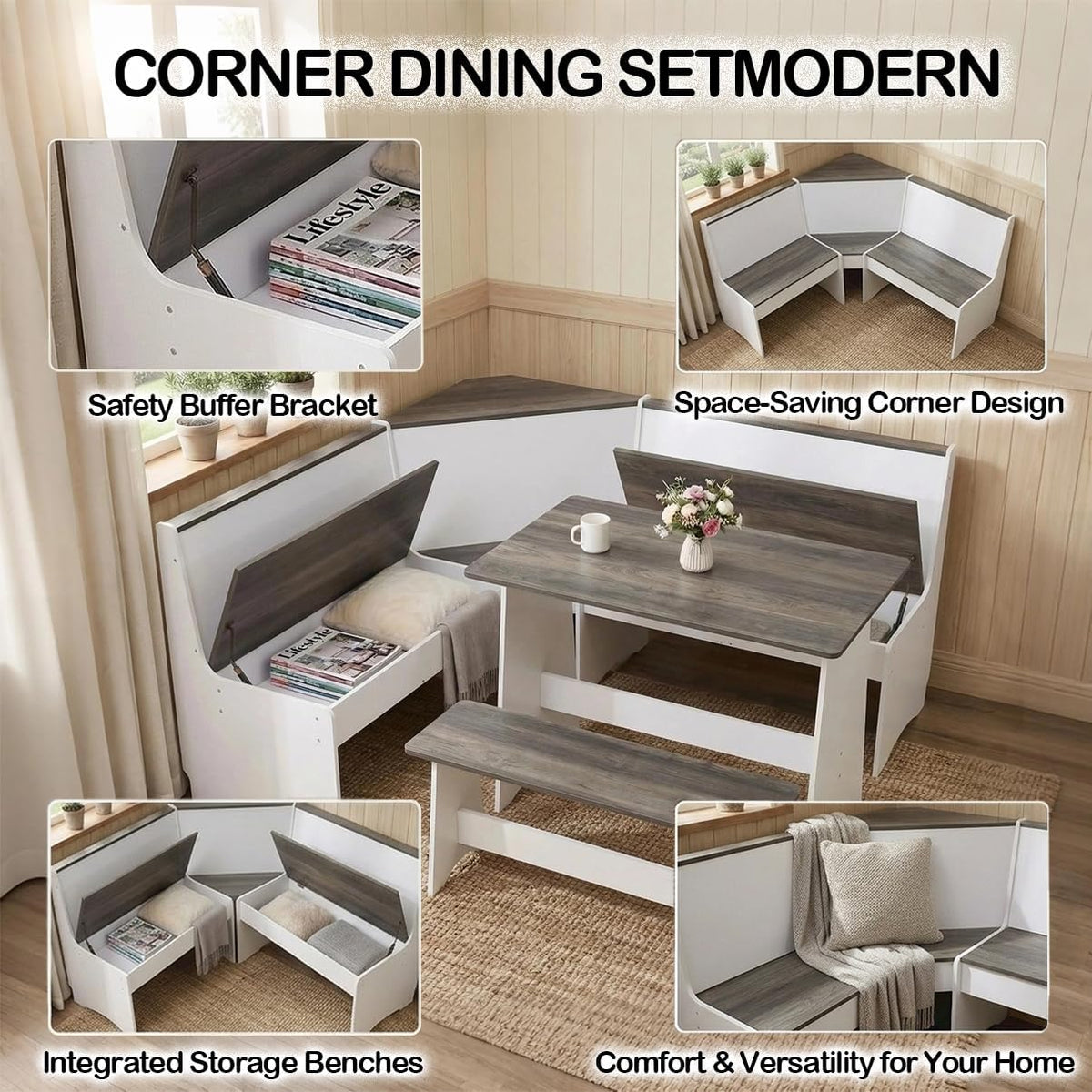 Gray‑White Farmhouse Storage Corner Breakfast Nook Set