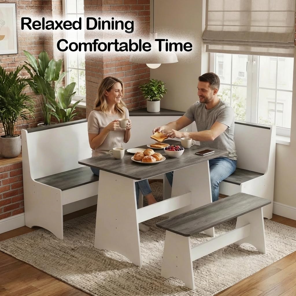 Gray‑White Farmhouse Storage Corner Breakfast Nook Set