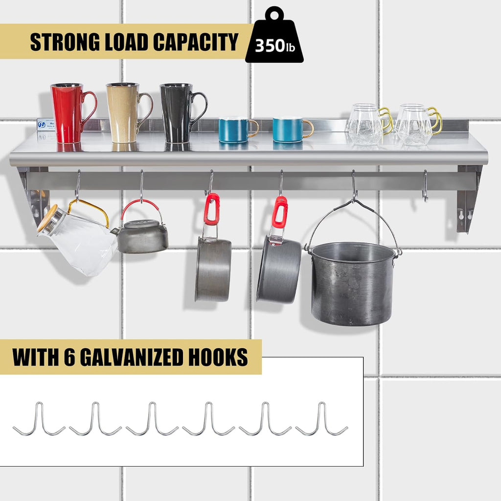 14"×48" Stainless Steel Wall Pot Rack with 6 Hooks