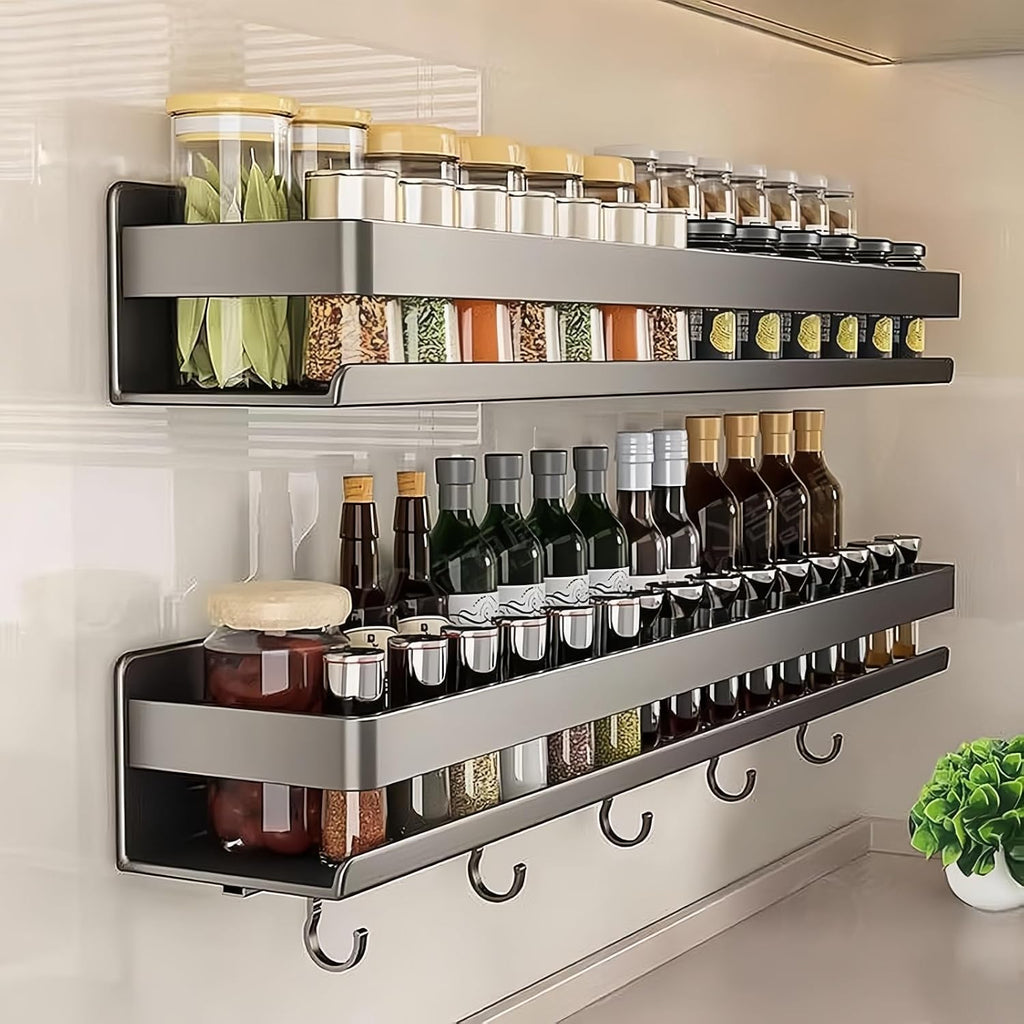 Dark‑Gray No‑Drill Carbon Steel Spice Rack with Hooks