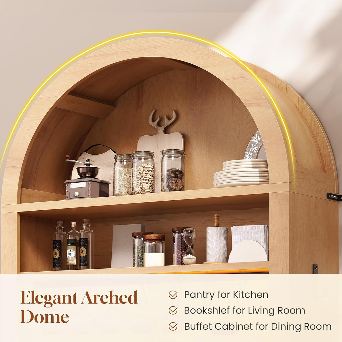 73" Natural Arched Bakers Rack with Power Outlet & LED