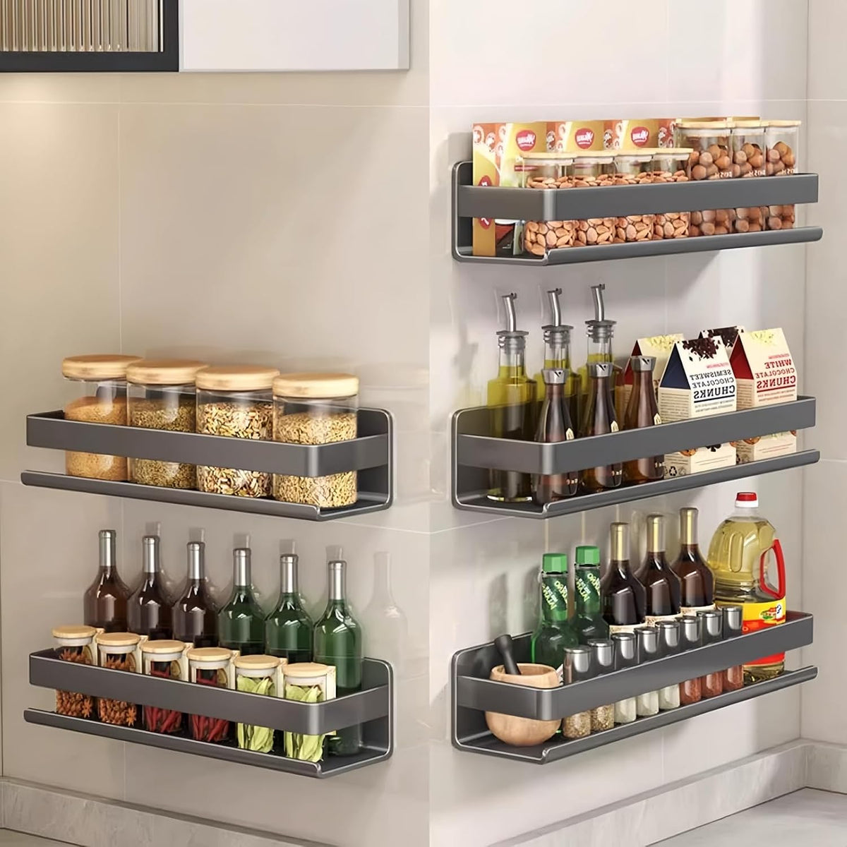 Dark‑Gray No‑Drill Carbon Steel Adhesive Spice Rack