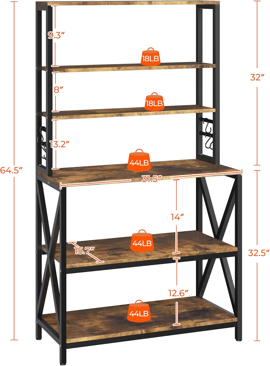 6‑Tier Rustic Brown Bakers Rack