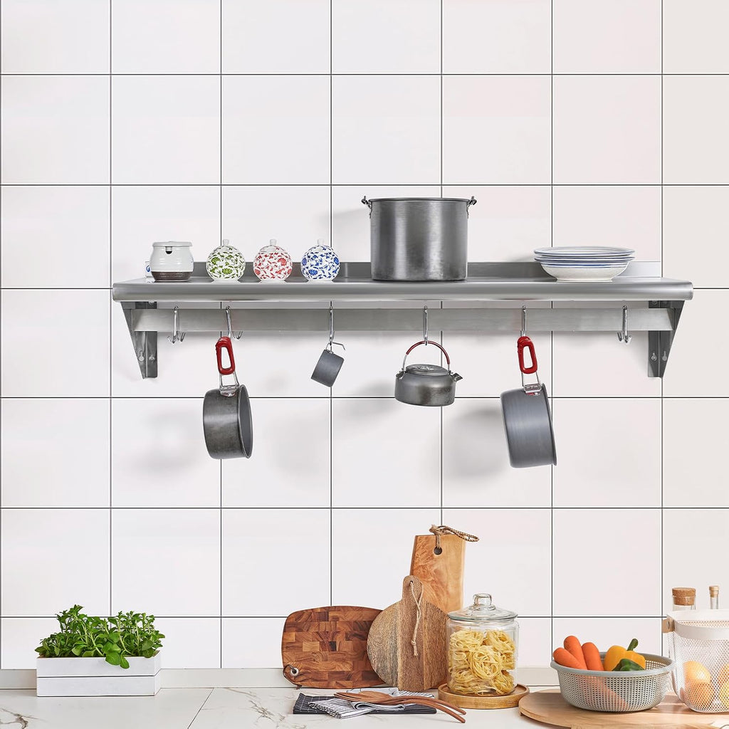 12"×36" Stainless Steel Wall Pot Rack with 6 Hooks