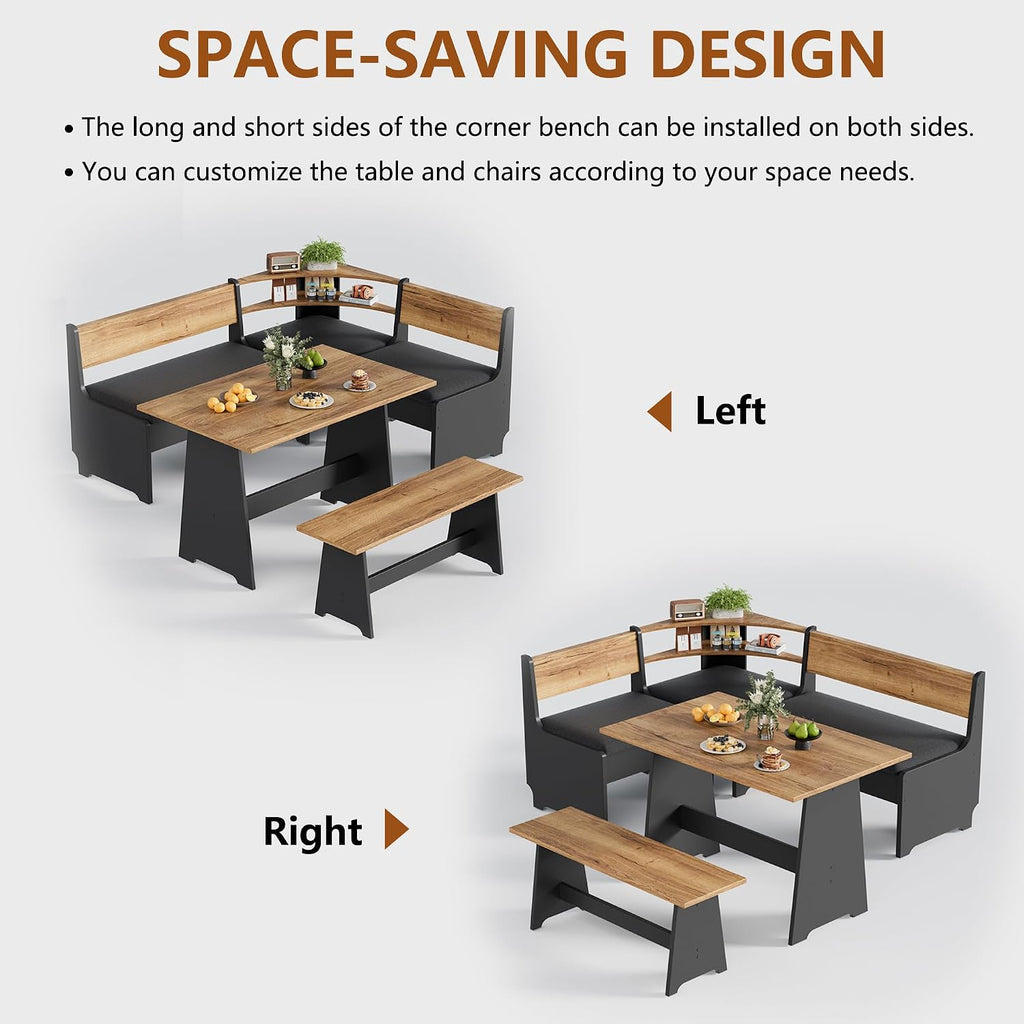 Black L‑Shape Storage Cushioned Breakfast Nook Set