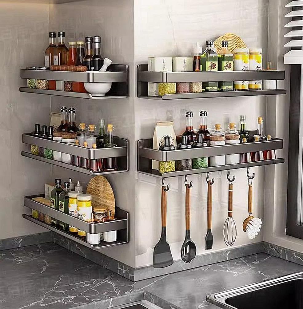 2‑Pack Wall‑Mount Carbon Steel Spice Organizer with Hooks