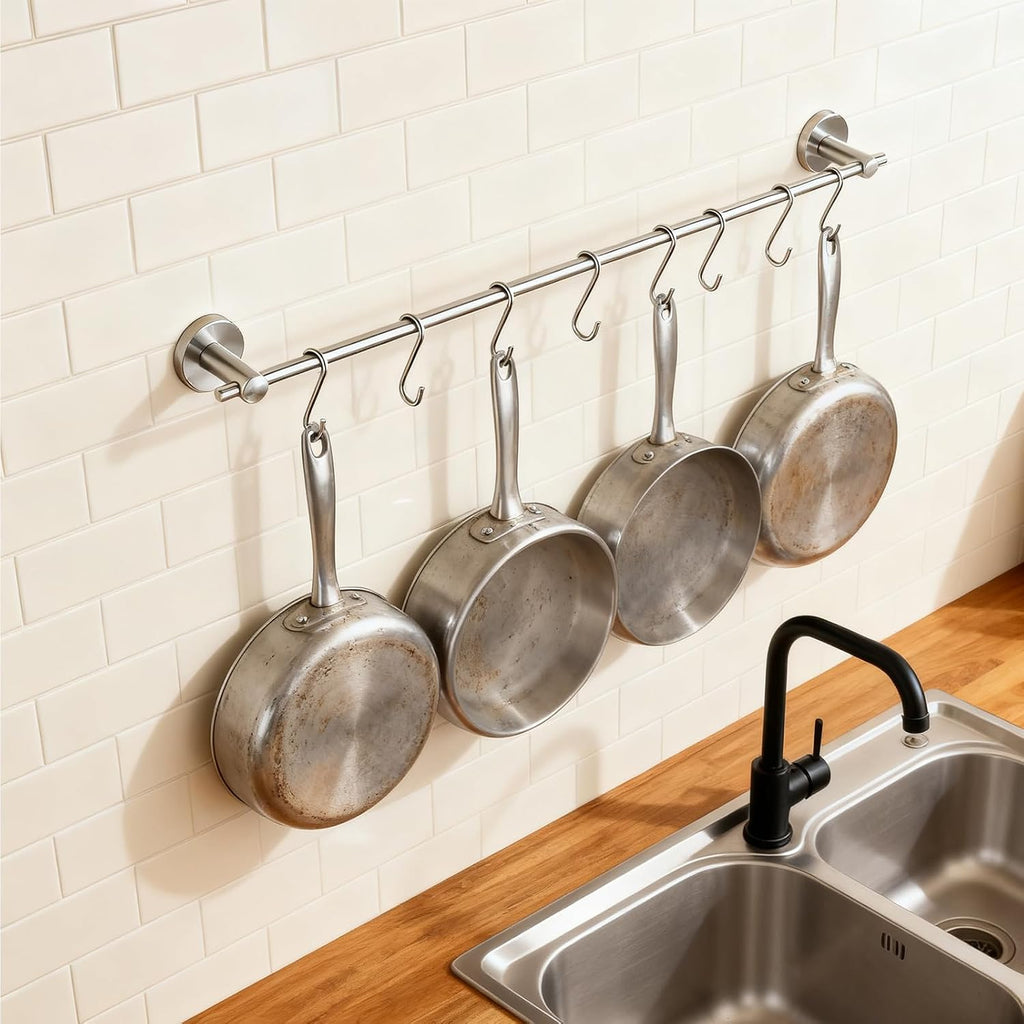 21" Brushed Nickel Wall Pot Rack with 10 S‑Hooks