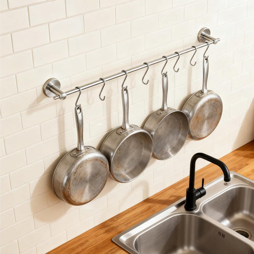 21" Brushed Nickel Wall Pot Rack with 10 S‑Hooks