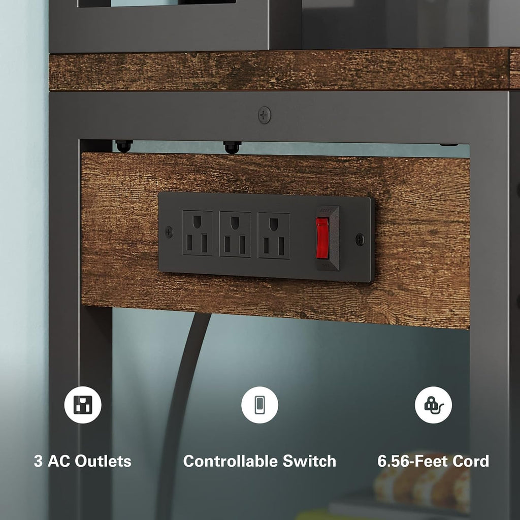 5‑Tier Rustic Brown Bakers Rack with Power Outlets