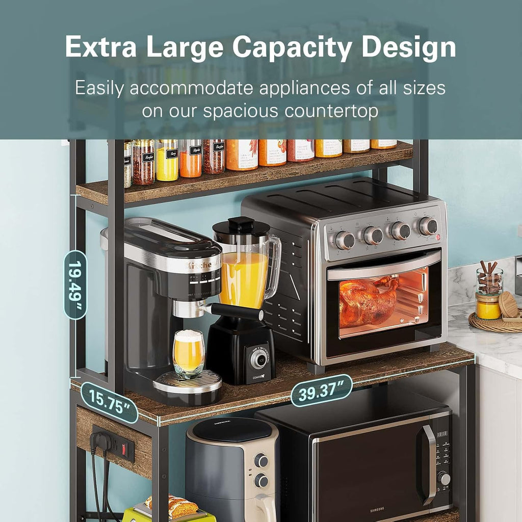 5‑Tier Rustic Brown Bakers Rack with Power Outlets