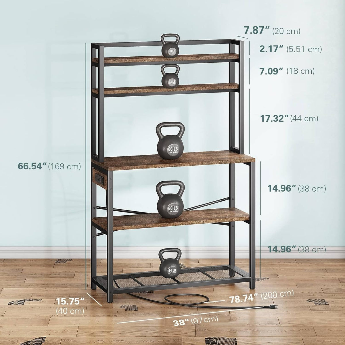 5‑Tier Rustic Brown Bakers Rack with Power Outlets