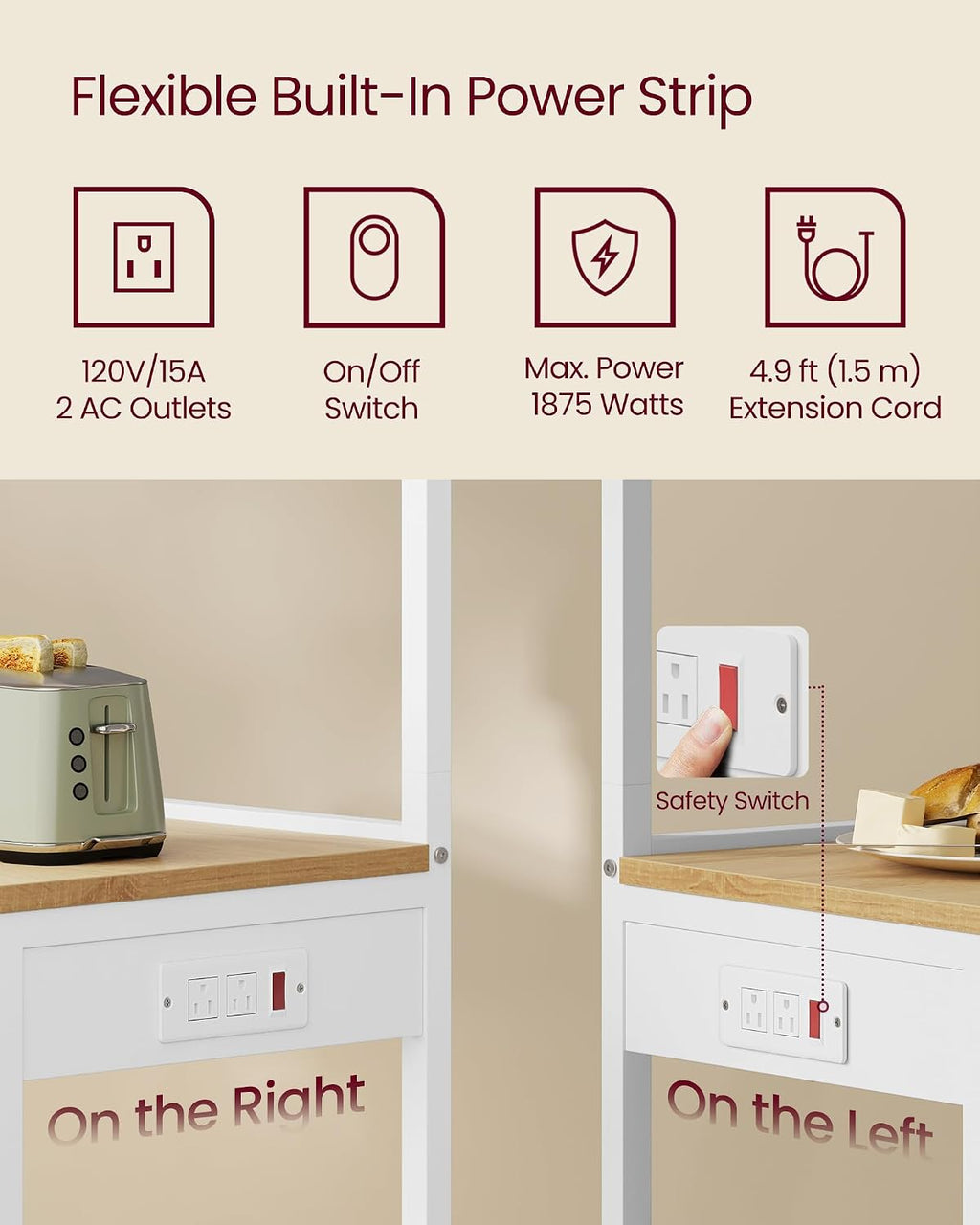 4‑Tier Power Outlet Bakers Rack