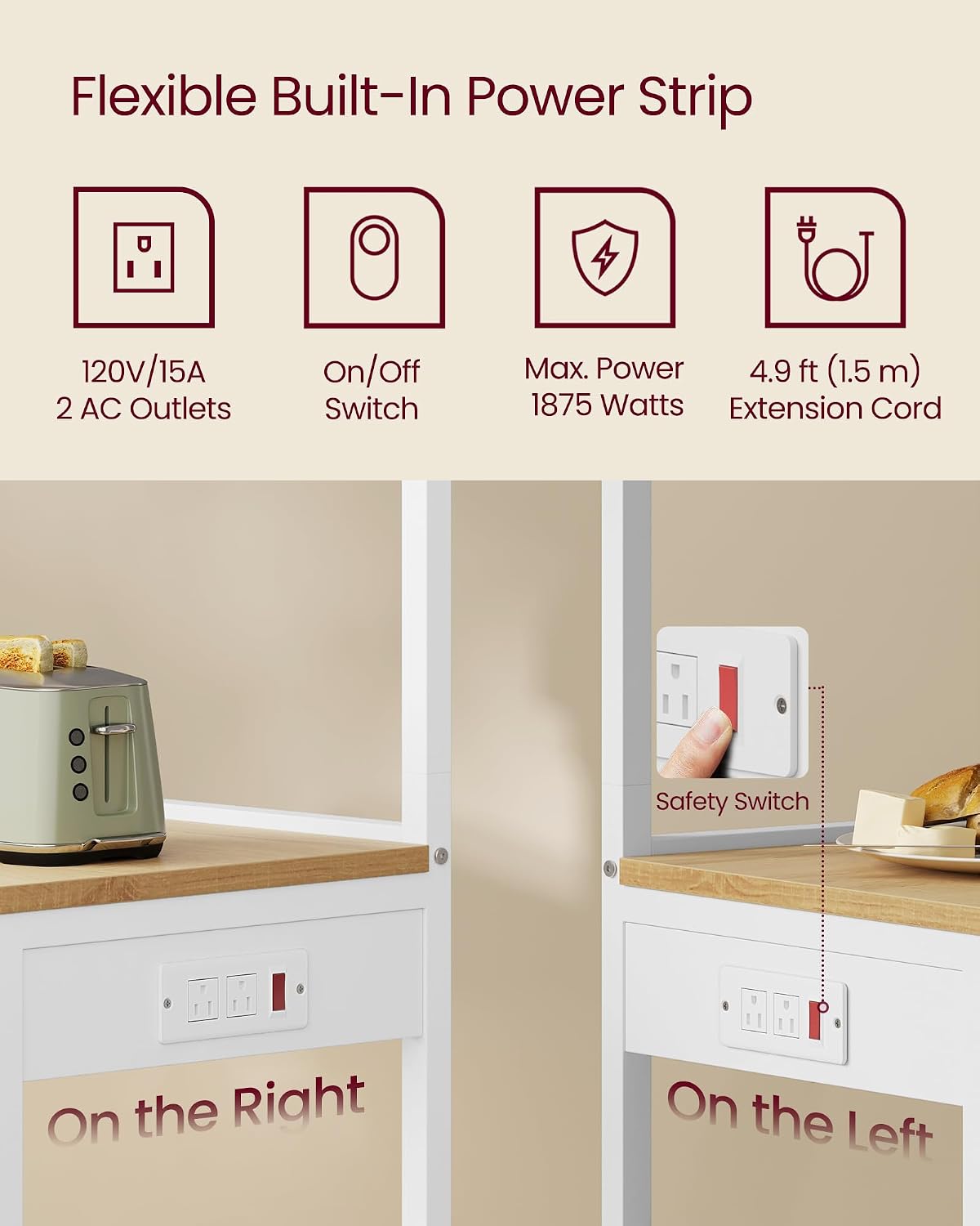 4‑Tier Power Outlet Bakers Rack