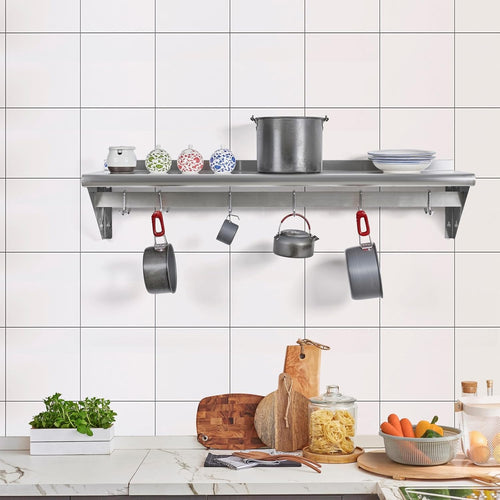 14"×48" Stainless Steel Wall Pot Rack with 6 Hooks