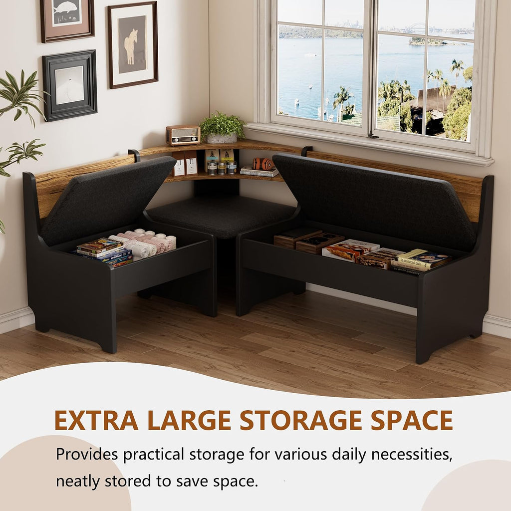 Black L‑Shape Storage Cushioned Breakfast Nook Set