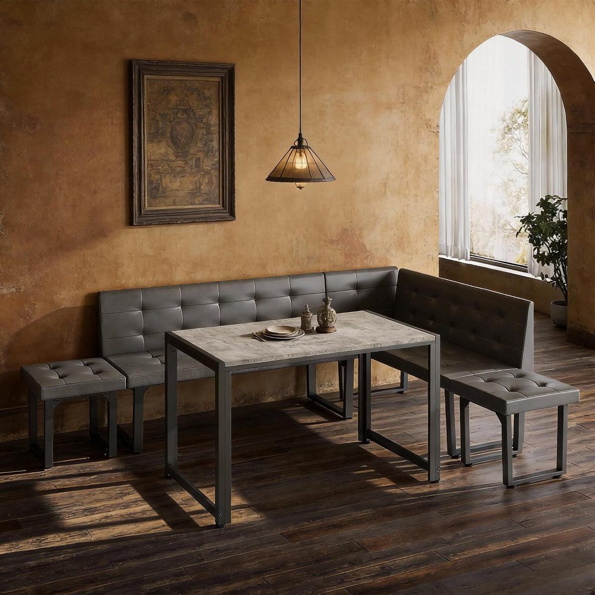 5‑Piece Grey Upholstered Corner Dining Set