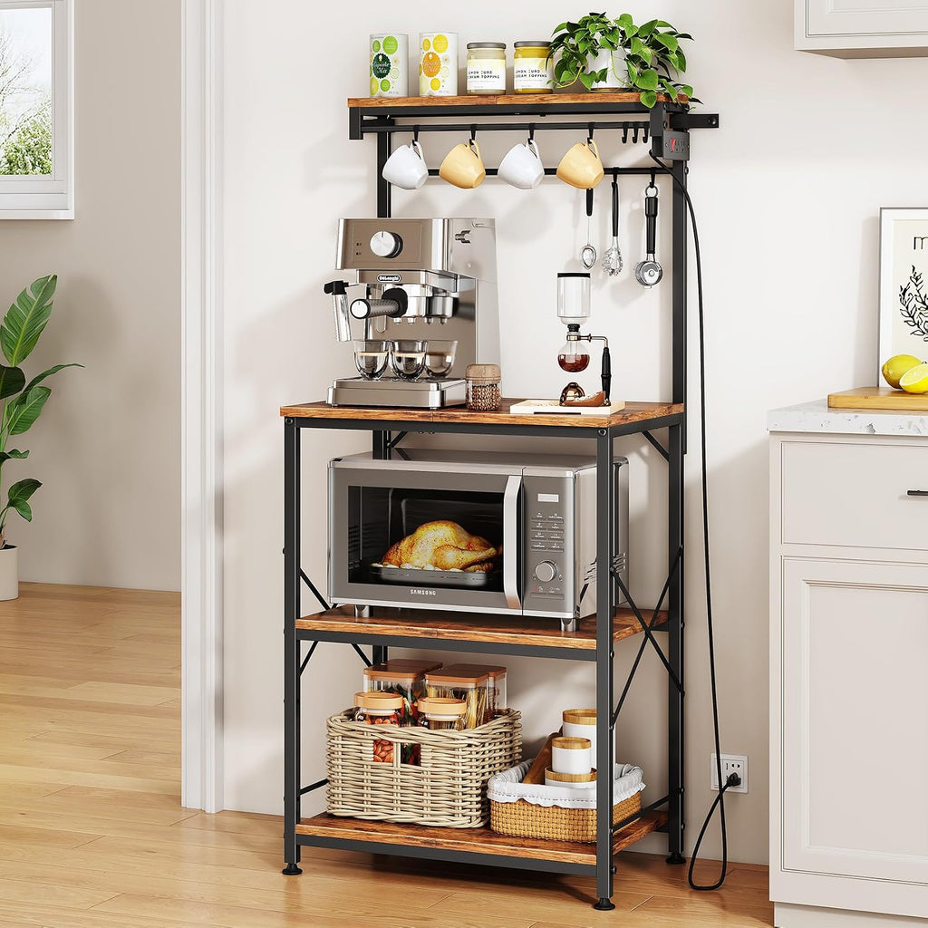 Rustic Brown Bakers Rack with Power Outlet