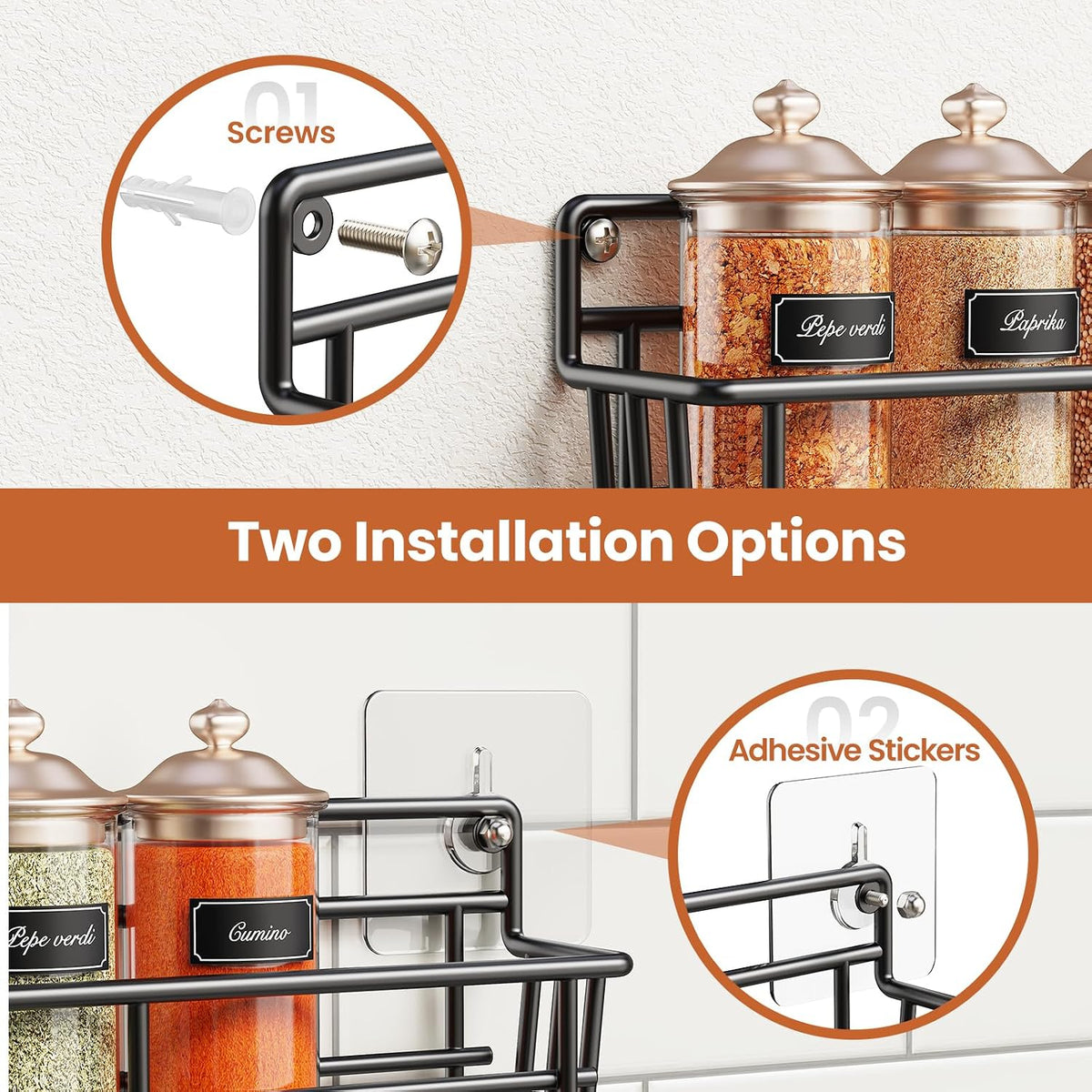 5‑Pack Black Wall‑Mounted Spice Baskets