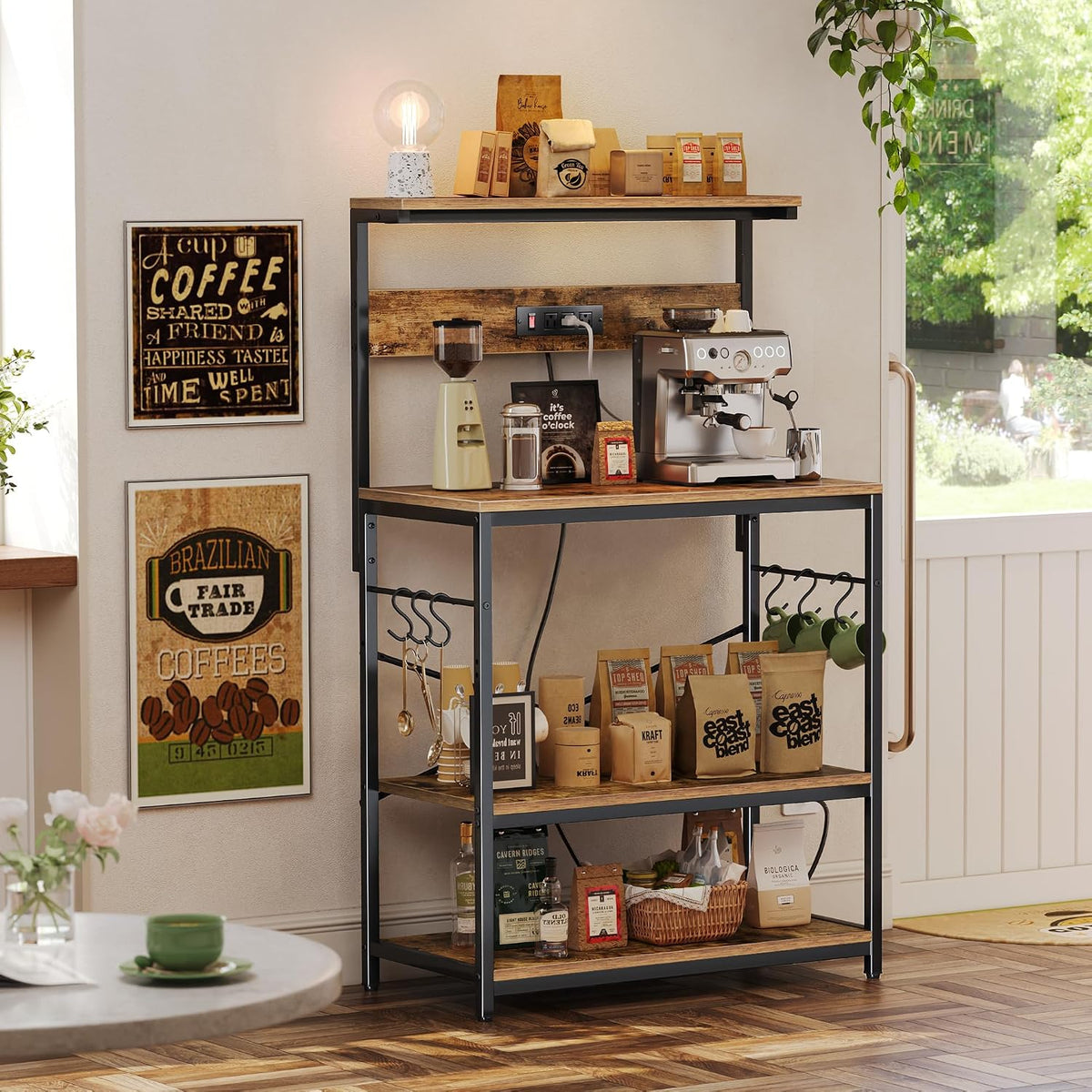 Bakers Rack with Power Outlets, Rustic Brown