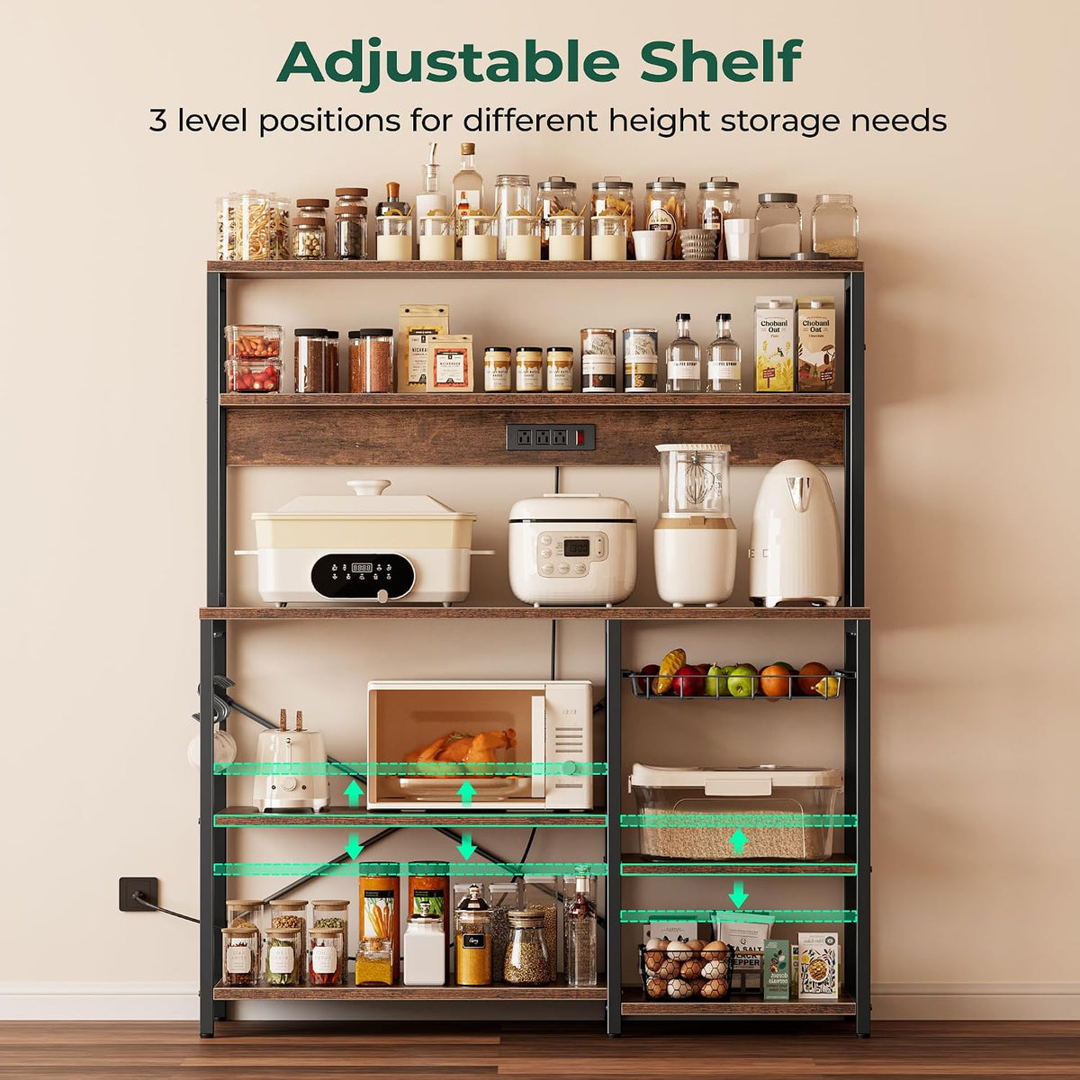 Bakers Rack with Power Outlet & Basket