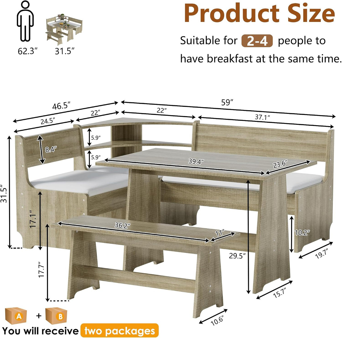 Corner Breakfast Nook Dining Set with Cushioned Bench