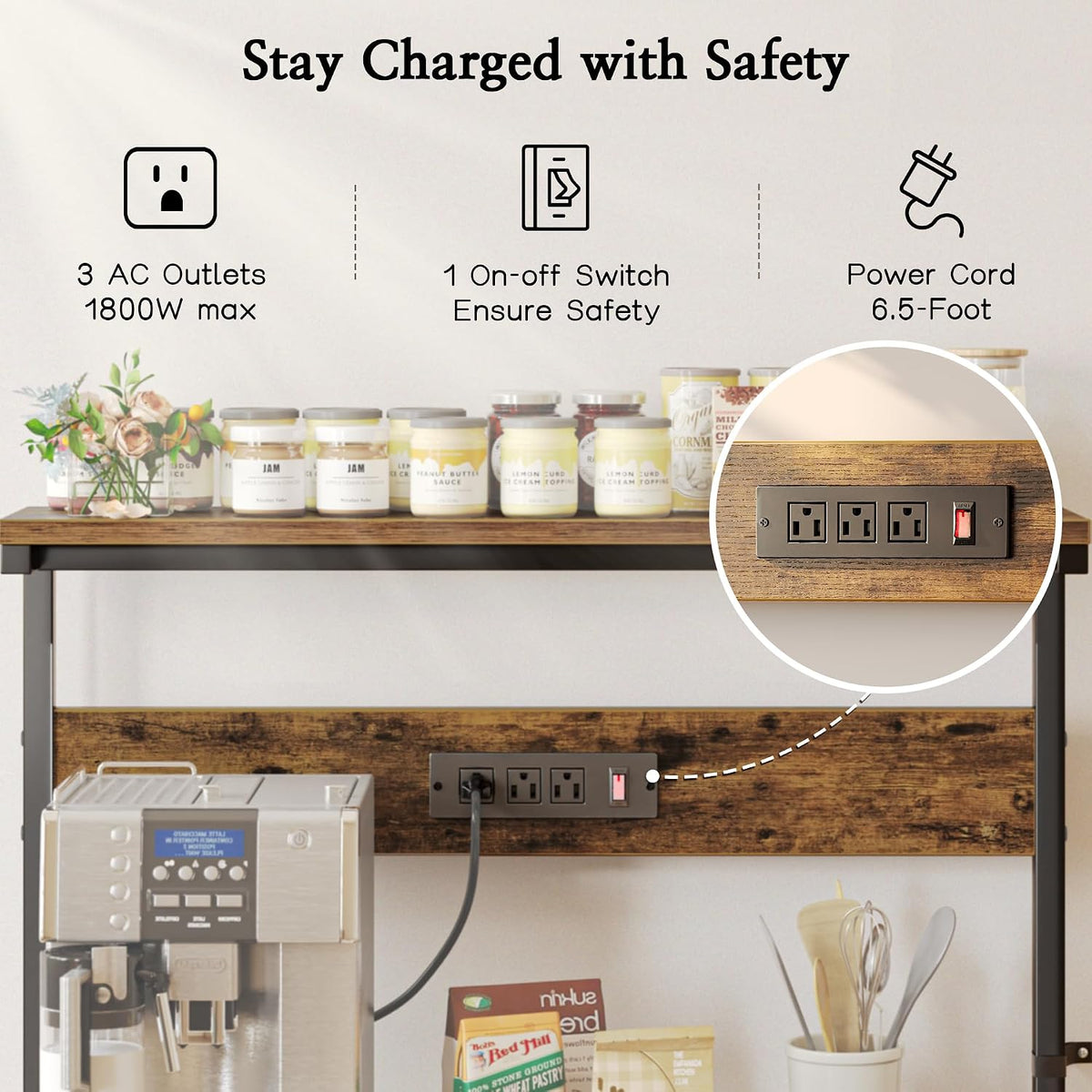 Bakers Rack with Power Outlets, Rustic Brown