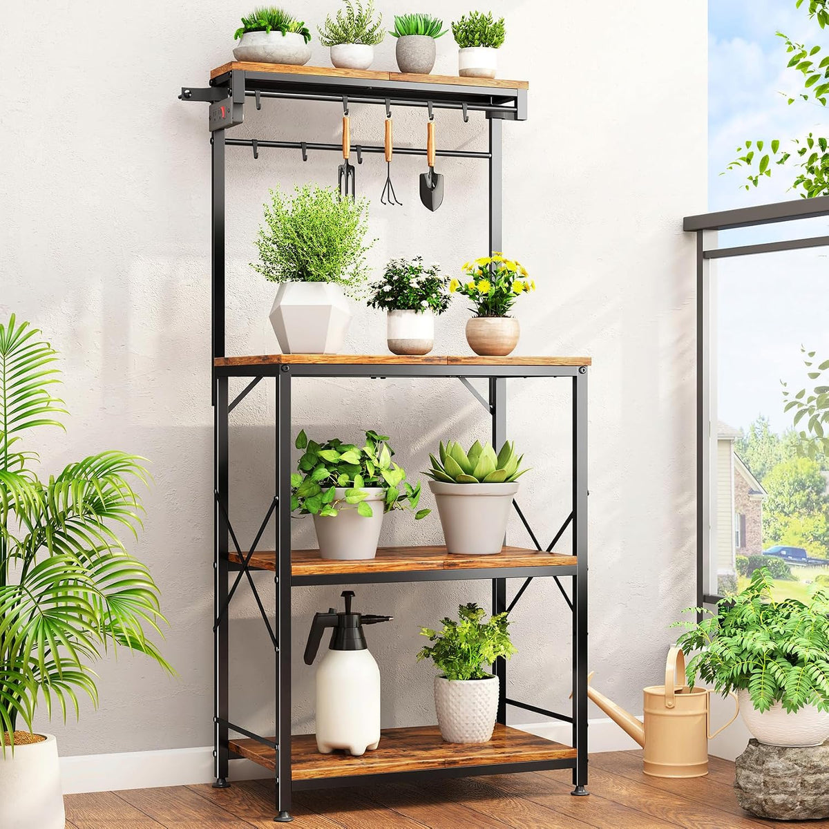 Rustic Brown Bakers Rack with Power Outlet