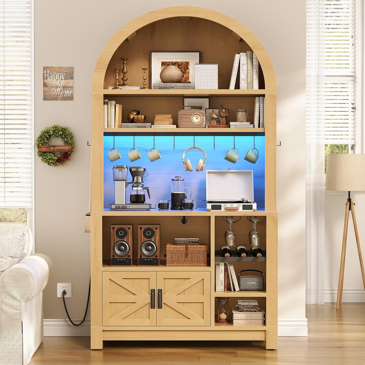 73" Natural Arched Bakers Rack with Power Outlet & LED